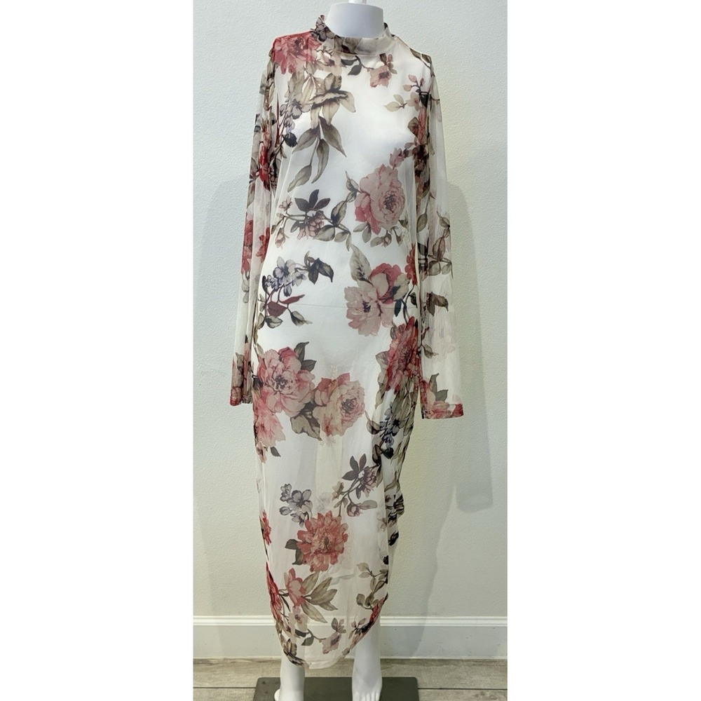 Minette Fairy‎ Sheer Floral Mesh Bodycon Midi Dress M Mock Neck Romantic